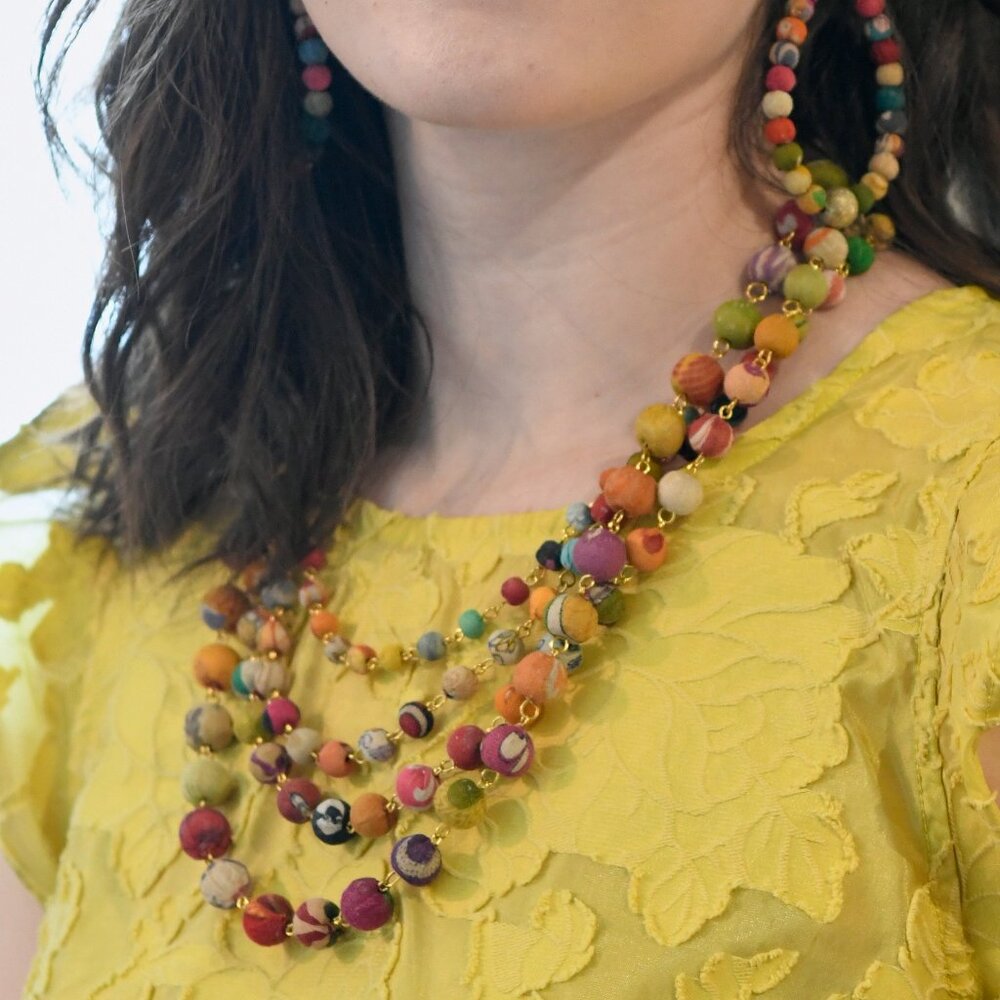 Fair Trade NWT Linked Beads 4 Strands Necklace Handmade Upcycled Kantha Fabric - Picture 4 of 16